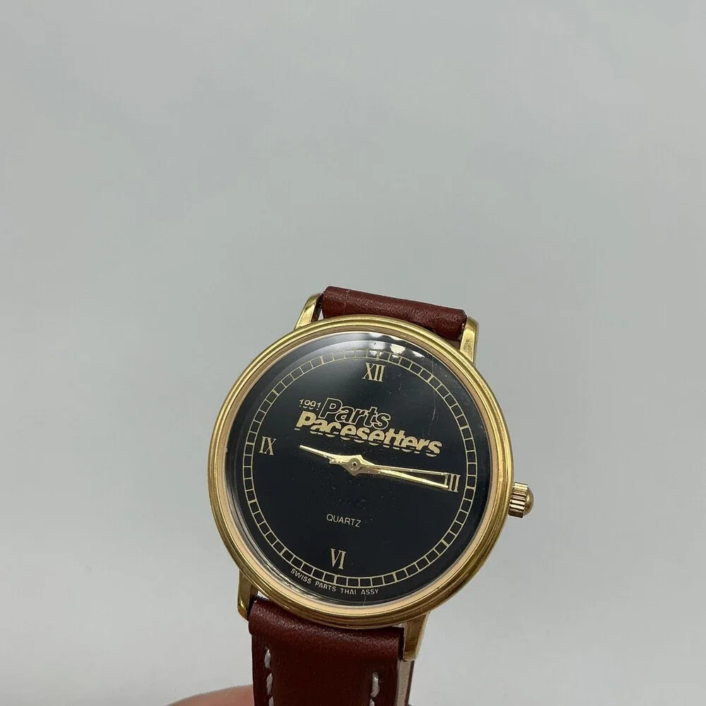Vintage Parts Pacesetters Mens Watch 32mm Black Logo Dial Leather New Battery